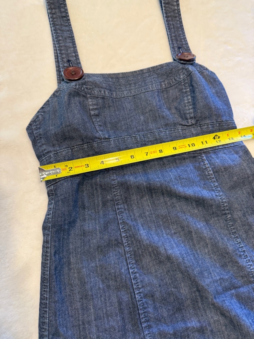 American Rag Dark Denim Mini Pinafore Dress with dark brown buttons & side zip - Picture 4 of 6